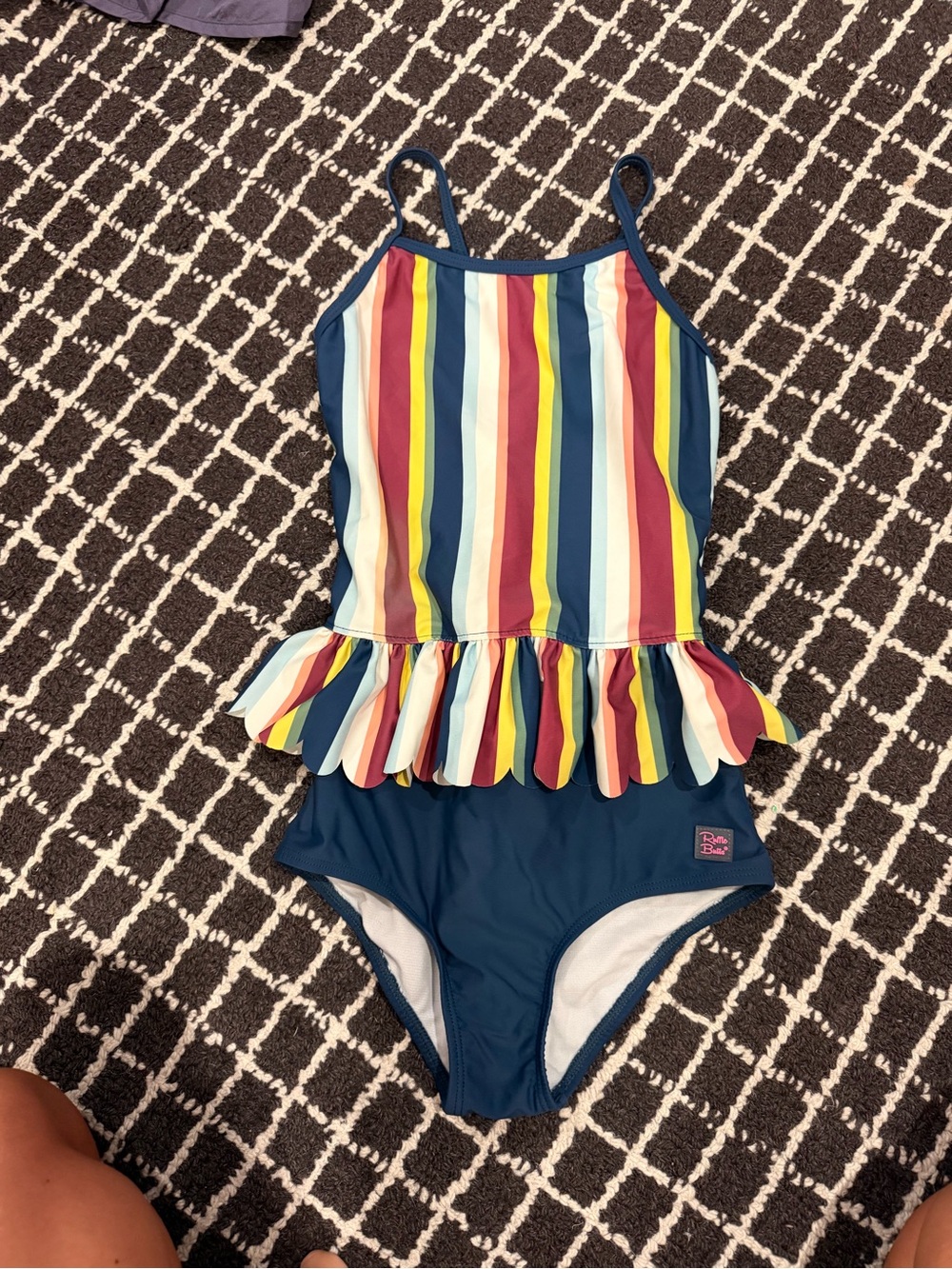Ruffle Butts Navy One-Piece Swimsuit with Rainbow Stripes